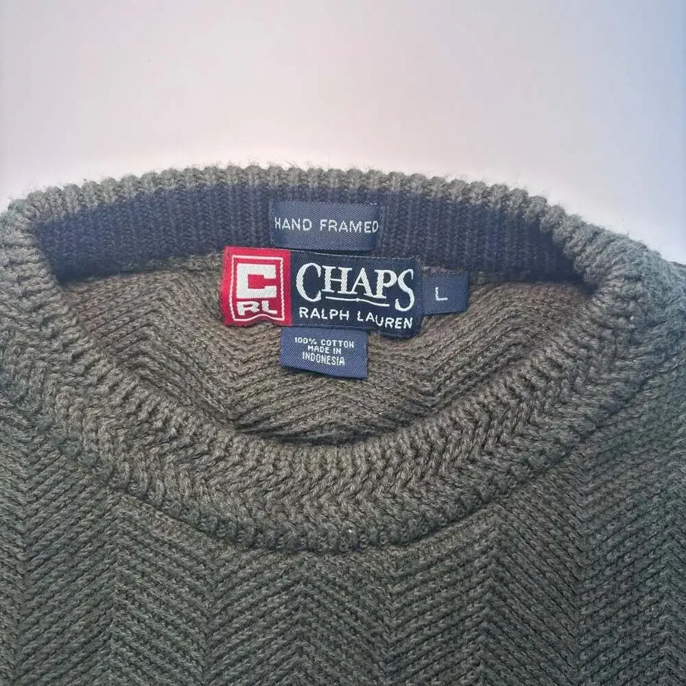 Vintage 90s Chaps Ralph Lauren Olive Green Chevron Knit Sweater Large